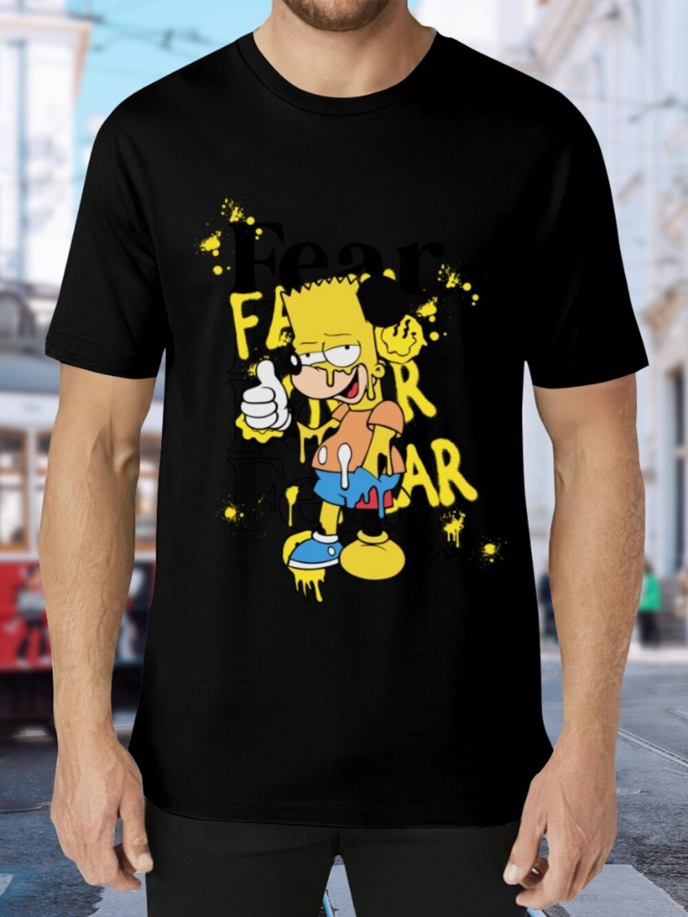 Black Graphic Tee with Yellow Cartoon Print
